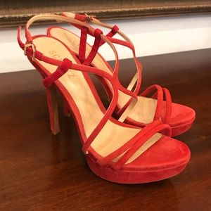 New Schutz True Red Suede Platform Sandal Heels 7